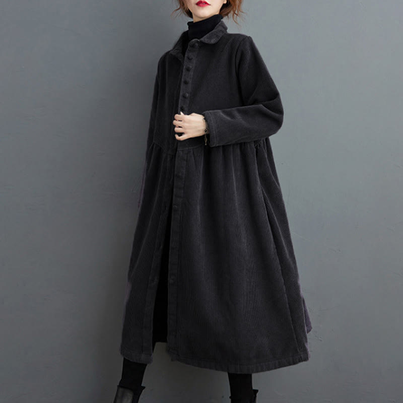 Buddha Stones Plain Buttons Long Sleeve Women's Cotton Corduroy Fleece-Lined Coat With Pockets