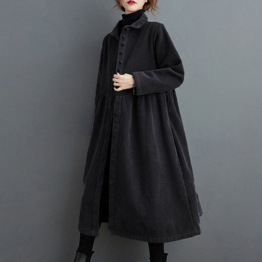 Buddha Stones Plain Buttons Long Sleeve Women's Cotton Corduroy Fleece-Lined Coat With Pockets