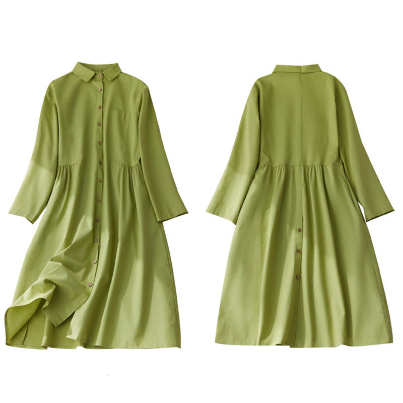 Buddha Stones Causal Commute Plain Buttons Design Long Sleeve Cotton Midi Dress With Pockets