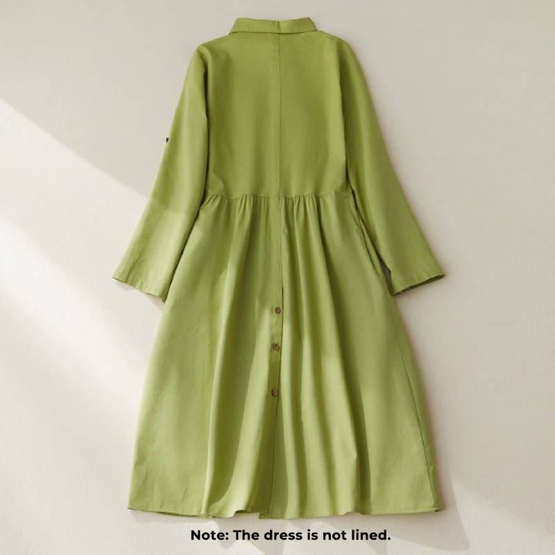 Buddha Stones Causal Commute Plain Buttons Design Long Sleeve Cotton Midi Dress With Pockets