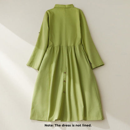 Buddha Stones Causal Commute Plain Buttons Design Long Sleeve Cotton Midi Dress With Pockets