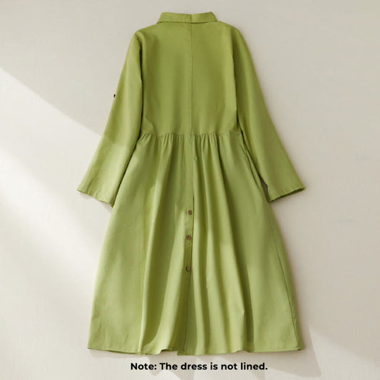 Buddha Stones Causal Commute Plain Buttons Design Long Sleeve Cotton Midi Dress With Pockets