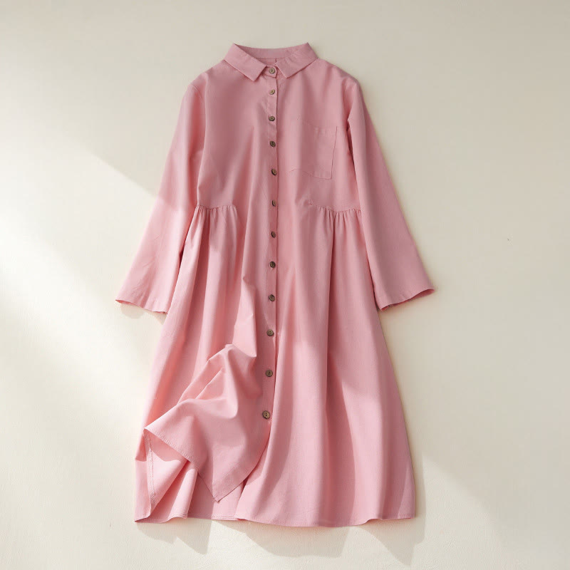 Buddha Stones Causal Commute Plain Buttons Design Long Sleeve Cotton Midi Dress With Pockets