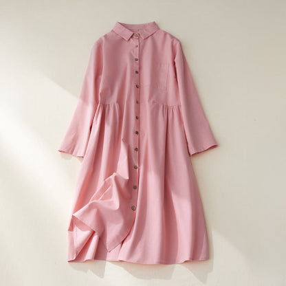 Buddha Stones Causal Commute Plain Buttons Design Long Sleeve Cotton Midi Dress With Pockets
