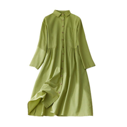 Buddha Stones Causal Commute Plain Buttons Design Long Sleeve Cotton Midi Dress With Pockets