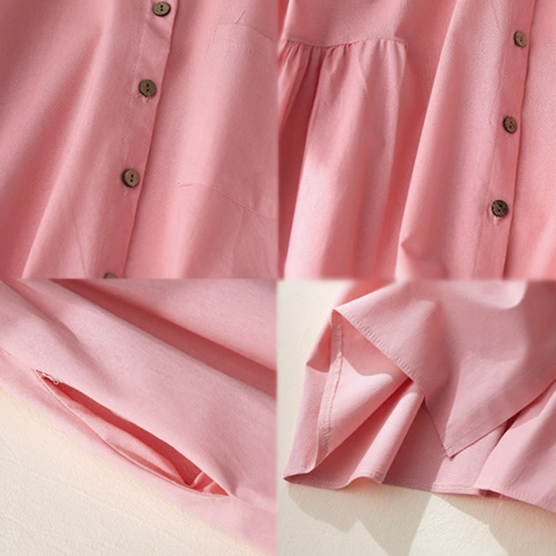 Buddha Stones Causal Commute Plain Buttons Design Long Sleeve Cotton Midi Dress With Pockets