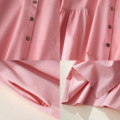 Buddha Stones Causal Commute Plain Buttons Design Long Sleeve Cotton Midi Dress With Pockets