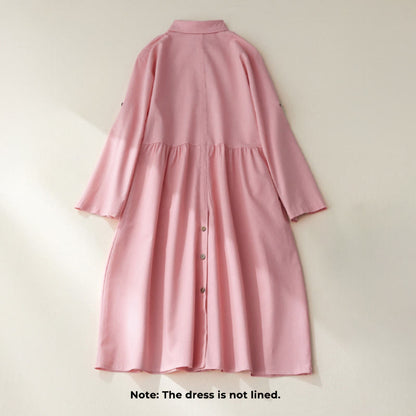 Buddha Stones Causal Commute Plain Buttons Design Long Sleeve Cotton Midi Dress With Pockets