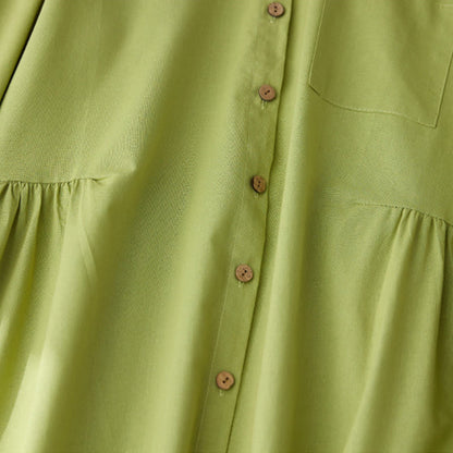Buddha Stones Causal Commute Plain Buttons Design Long Sleeve Cotton Midi Dress With Pockets