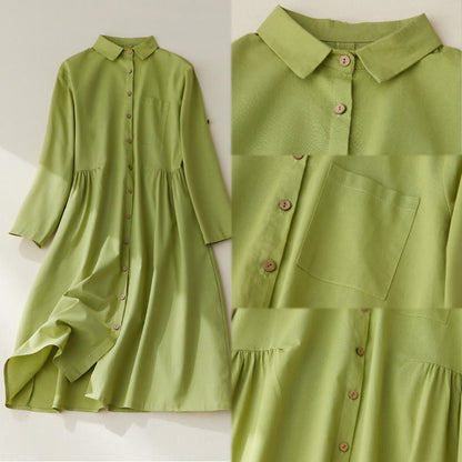 Buddha Stones Causal Commute Plain Buttons Design Long Sleeve Cotton Midi Dress With Pockets
