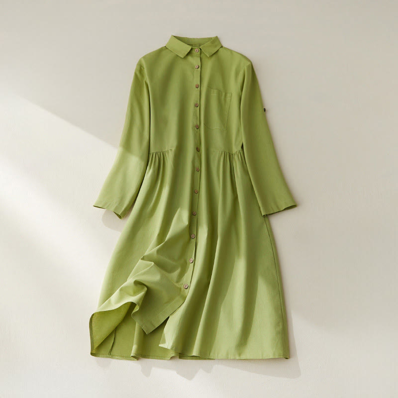 Buddha Stones Causal Commute Plain Buttons Design Long Sleeve Cotton Midi Dress With Pockets