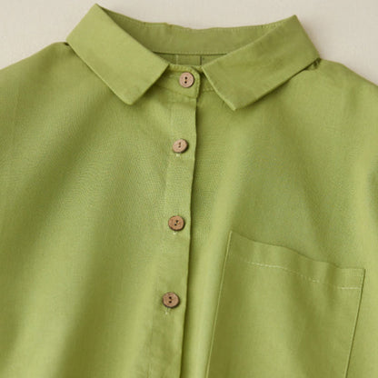 Buddha Stones Causal Commute Plain Buttons Design Long Sleeve Cotton Midi Dress With Pockets
