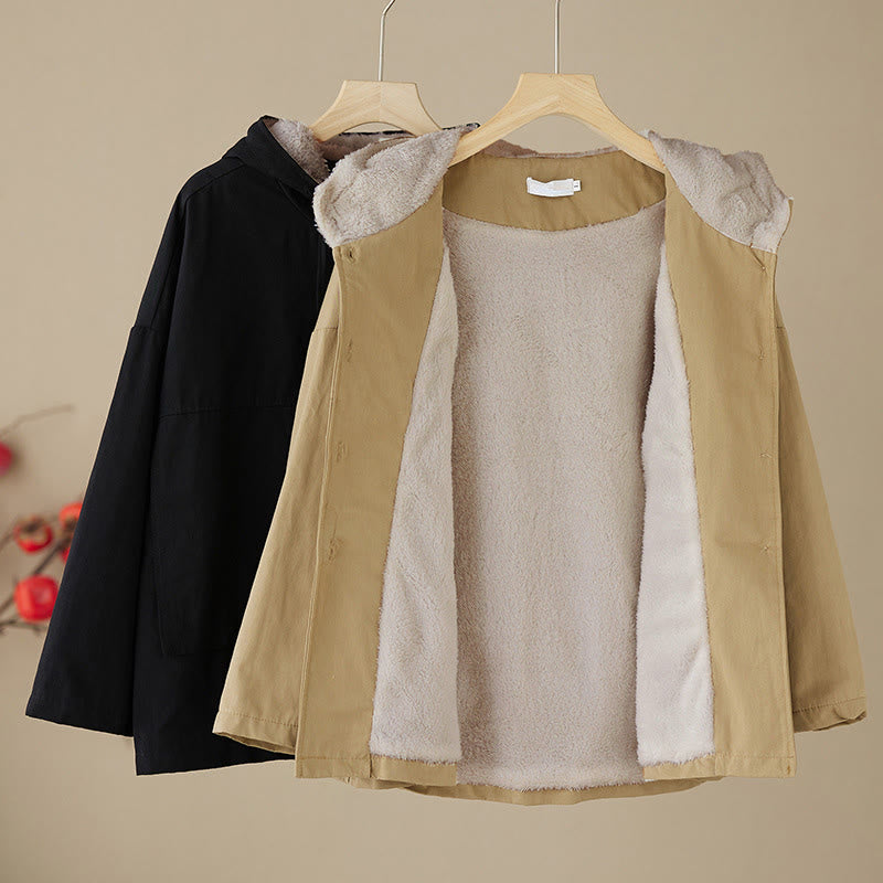 Buddha Stones Women's Plain Long Sleeve Hoodie Cotton Thermal Fleece-Lined Jacket With Pockets