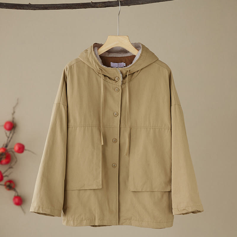 Buddha Stones Women's Plain Long Sleeve Hoodie Cotton Thermal Fleece-Lined Jacket With Pockets