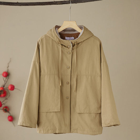 Buddha Stones Women's Plain Long Sleeve Hoodie Cotton Thermal Fleece-Lined Jacket With Pockets