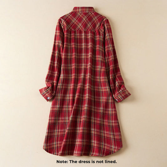 Buddha Stones Spring Color Contrast Plaid Pattern Lapel Long Sleeve Cotton Midi Dress With Pockets