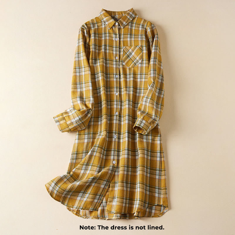 Buddha Stones Spring Color Contrast Plaid Pattern Lapel Long Sleeve Cotton Midi Dress With Pockets