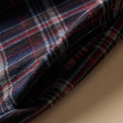 Buddha Stones Spring Color Contrast Plaid Pattern Lapel Long Sleeve Cotton Midi Dress With Pockets