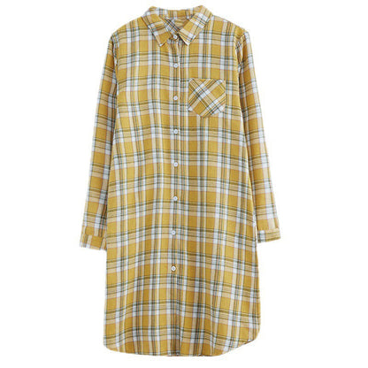 Buddha Stones Spring Color Contrast Plaid Pattern Lapel Long Sleeve Cotton Midi Dress With Pockets
