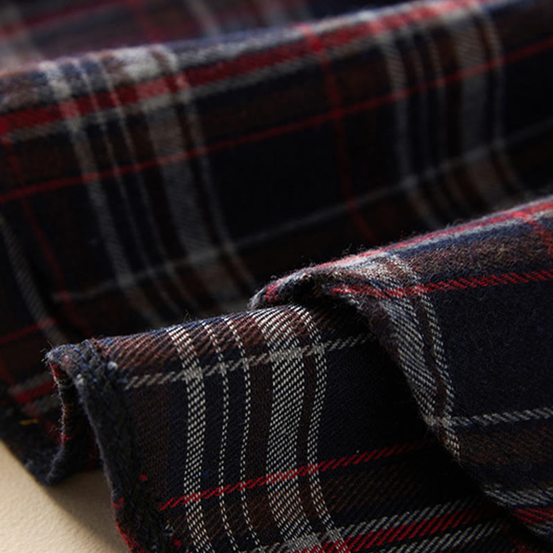 Buddha Stones Spring Color Contrast Plaid Pattern Lapel Long Sleeve Cotton Midi Dress With Pockets