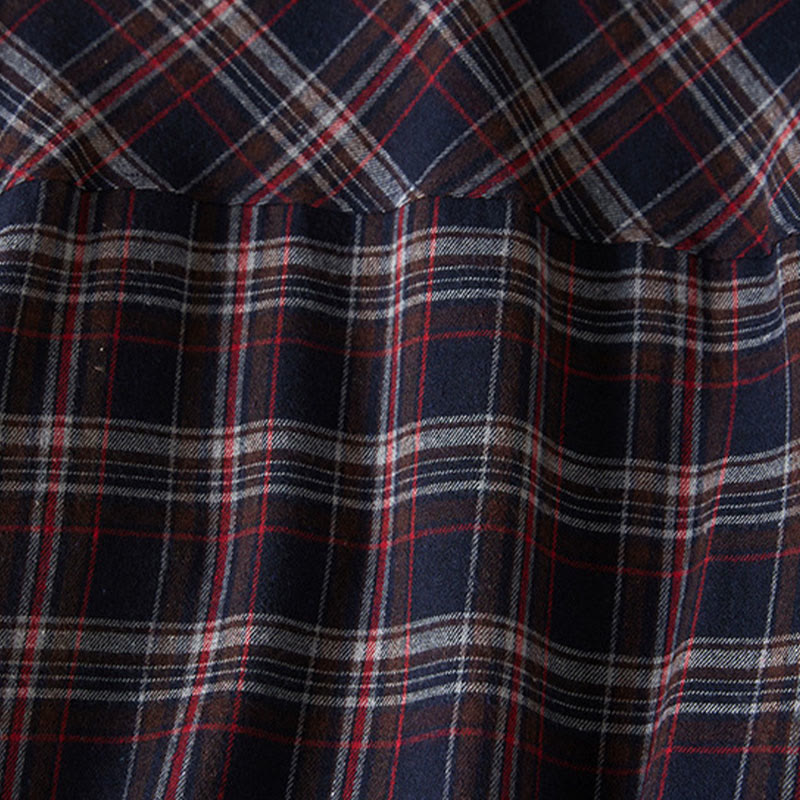 Buddha Stones Spring Color Contrast Plaid Pattern Lapel Long Sleeve Cotton Midi Dress With Pockets