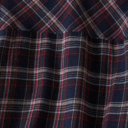 Buddha Stones Spring Color Contrast Plaid Pattern Lapel Long Sleeve Cotton Midi Dress With Pockets