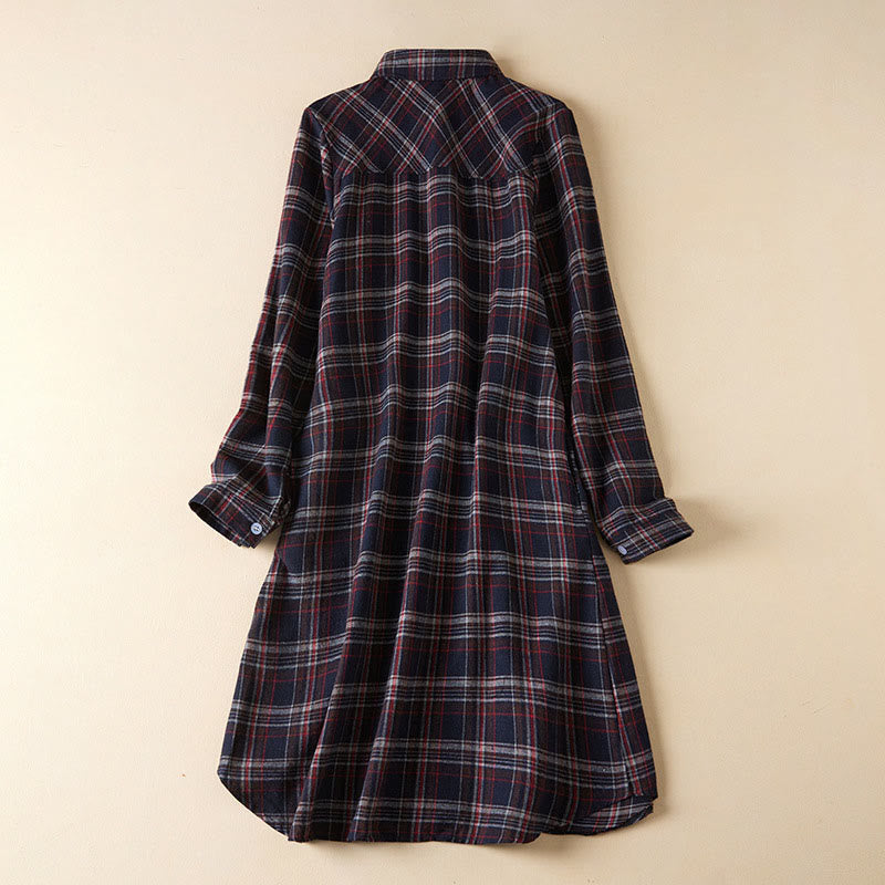 Buddha Stones Spring Color Contrast Plaid Pattern Lapel Long Sleeve Cotton Midi Dress With Pockets