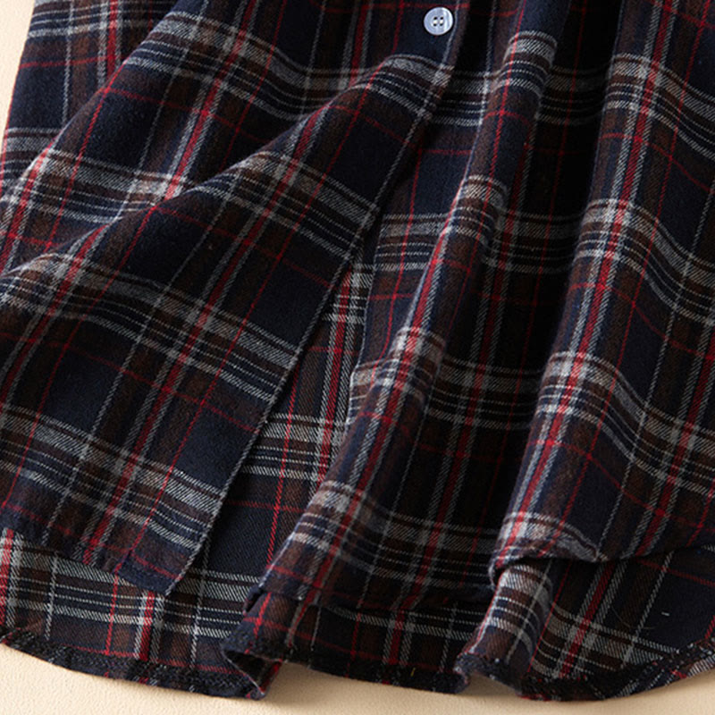 Buddha Stones Spring Color Contrast Plaid Pattern Lapel Long Sleeve Cotton Midi Dress With Pockets