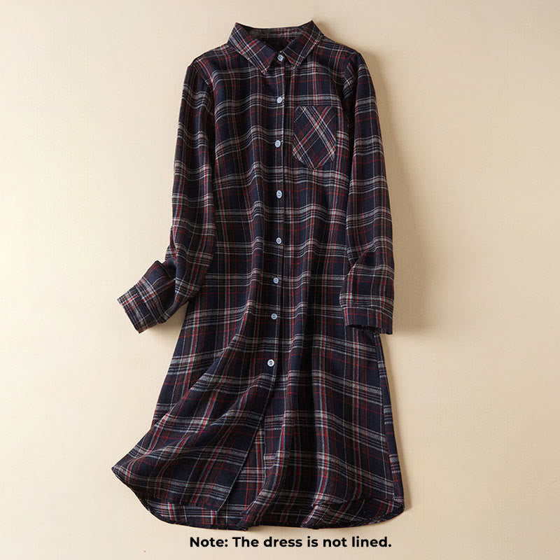 Buddha Stones Spring Color Contrast Plaid Pattern Lapel Long Sleeve Cotton Midi Dress With Pockets