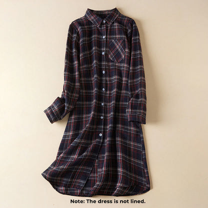 Buddha Stones Spring Color Contrast Plaid Pattern Lapel Long Sleeve Cotton Midi Dress With Pockets