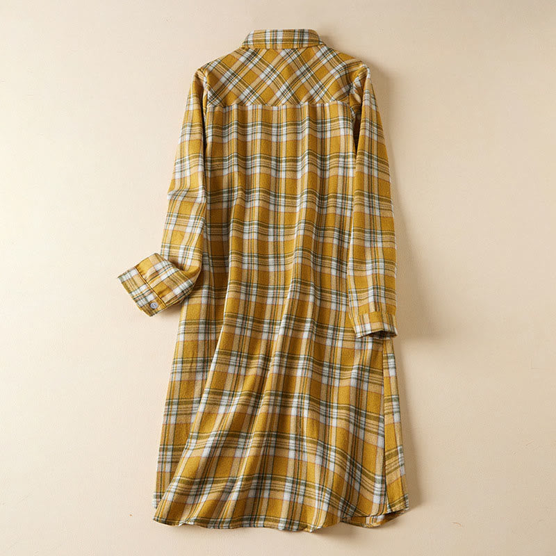 Buddha Stones Spring Color Contrast Plaid Pattern Lapel Long Sleeve Cotton Midi Dress With Pockets
