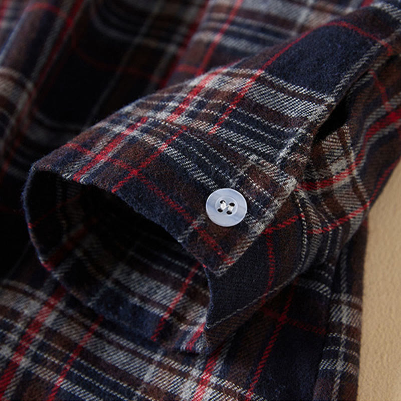Buddha Stones Spring Color Contrast Plaid Pattern Lapel Long Sleeve Cotton Midi Dress With Pockets
