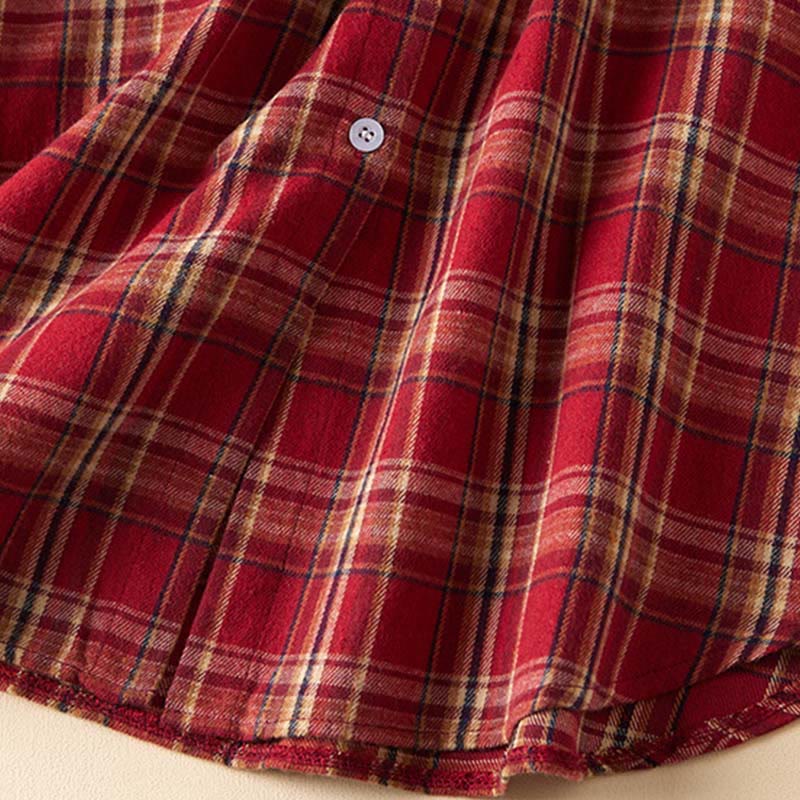 Buddha Stones Spring Color Contrast Plaid Pattern Lapel Long Sleeve Cotton Midi Dress With Pockets