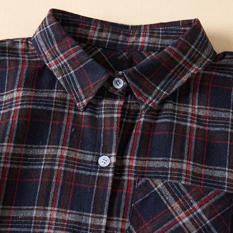 Buddha Stones Spring Color Contrast Plaid Pattern Lapel Long Sleeve Cotton Midi Dress With Pockets