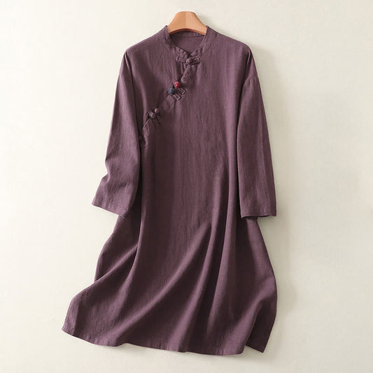 Buddha Stones Spring Diagonal Closure Frog Buttons Design Cotton Long Sleeve Midi Dress