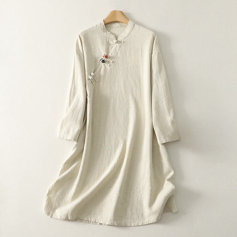 Buddha Stones Spring Diagonal Closure Frog Buttons Design Cotton Long Sleeve Midi Dress