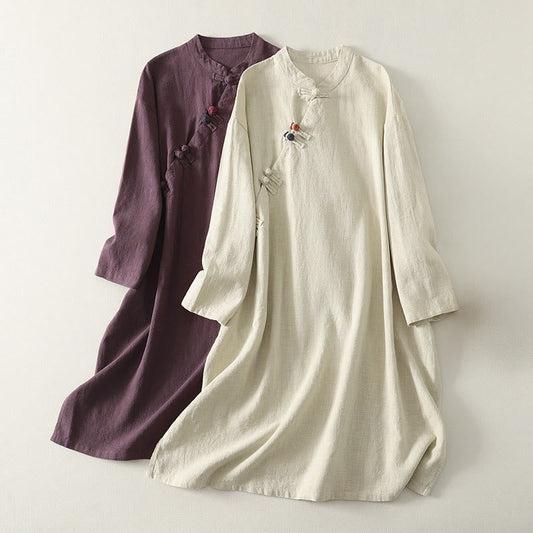 Buddha Stones Spring Diagonal Closure Frog Buttons Design Cotton Long Sleeve Midi Dress
