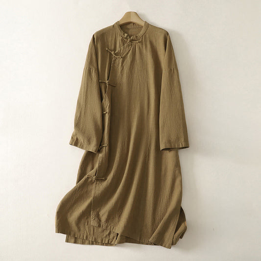 Buddha Stones Vintage Plain Frog Buttons Asymmetrical Design Long Sleeve Cotton Linen Midi Dress