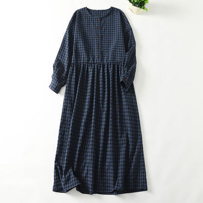 Buddha Stones Retro Contrasting Color Plaid Puff Long Sleeve Cotton Linen Midi Dress With Pockets
