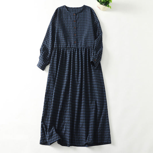Buddha Stones Retro Contrasting Color Plaid Puff Long Sleeve Cotton Linen Midi Dress With Pockets
