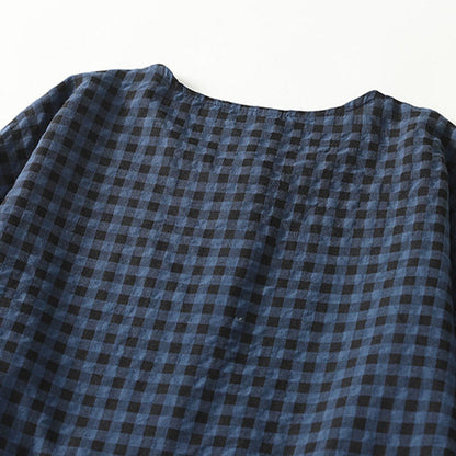 Buddha Stones Retro Contrasting Color Plaid Puff Long Sleeve Cotton Linen Midi Dress With Pockets