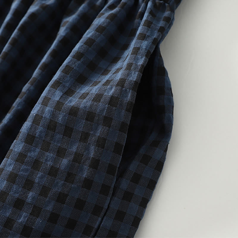 Buddha Stones Retro Contrasting Color Plaid Puff Long Sleeve Cotton Linen Midi Dress With Pockets