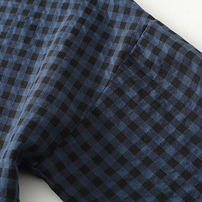 Buddha Stones Retro Contrasting Color Plaid Puff Long Sleeve Cotton Linen Midi Dress With Pockets