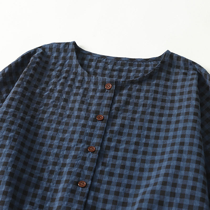 Buddha Stones Retro Contrasting Color Plaid Puff Long Sleeve Cotton Linen Midi Dress With Pockets