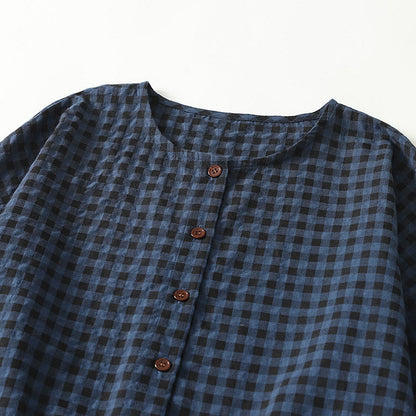 Buddha Stones Retro Contrasting Color Plaid Puff Long Sleeve Cotton Linen Midi Dress With Pockets