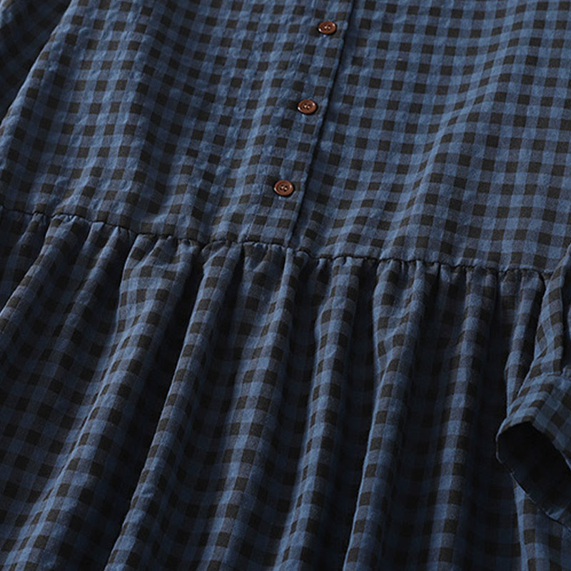 Buddha Stones Retro Contrasting Color Plaid Puff Long Sleeve Cotton Linen Midi Dress With Pockets