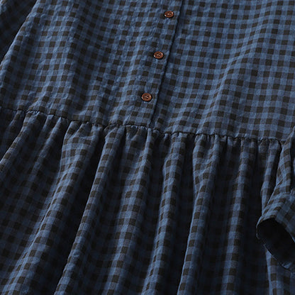 Buddha Stones Retro Contrasting Color Plaid Puff Long Sleeve Cotton Linen Midi Dress With Pockets