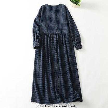 Buddha Stones Retro Contrasting Color Plaid Puff Long Sleeve Cotton Linen Midi Dress With Pockets