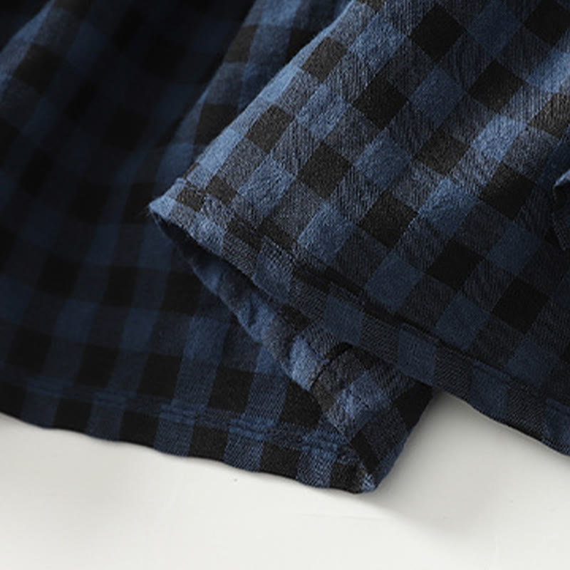 Buddha Stones Retro Contrasting Color Plaid Puff Long Sleeve Cotton Linen Midi Dress With Pockets