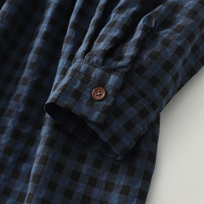 Buddha Stones Retro Contrasting Color Plaid Puff Long Sleeve Cotton Linen Midi Dress With Pockets